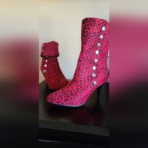 RED/BLACK - MAVMAX Wome's Leopard Print Ankle Boots Fold Over Kitten Heels